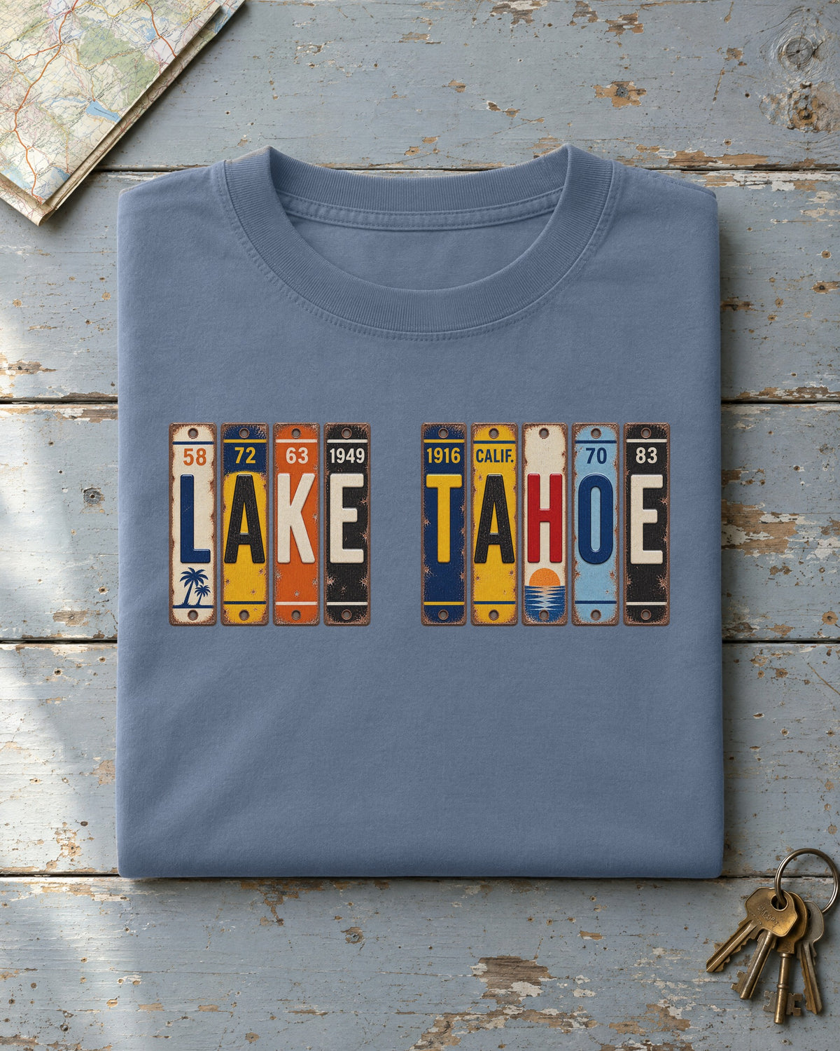 Lake Tahoe, California vintage license plate t-shirt in Blue Jean