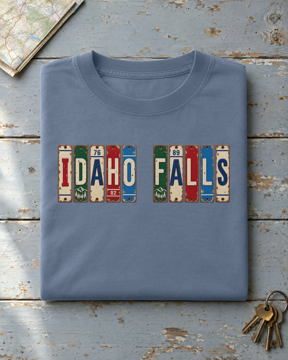 Idaho Falls, Idaho vintage license plate t-shirt in Blue Jean
