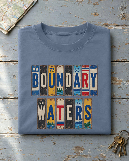 Boundary Waters, Minnesota vintage license plate t-shirt in Blue Jean