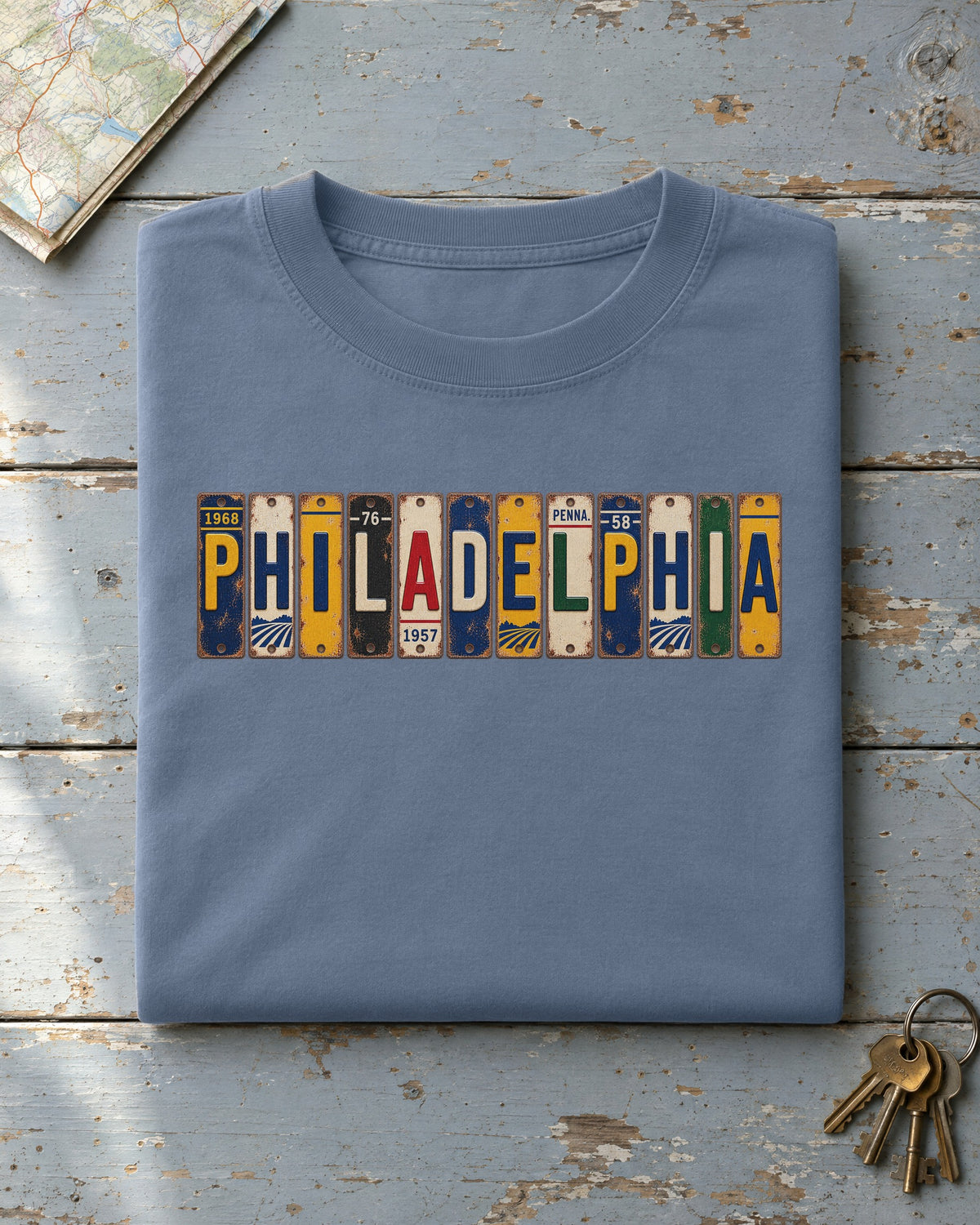 Philadelphia, Pennsylvania vintage license plate t-shirt in Blue Jean