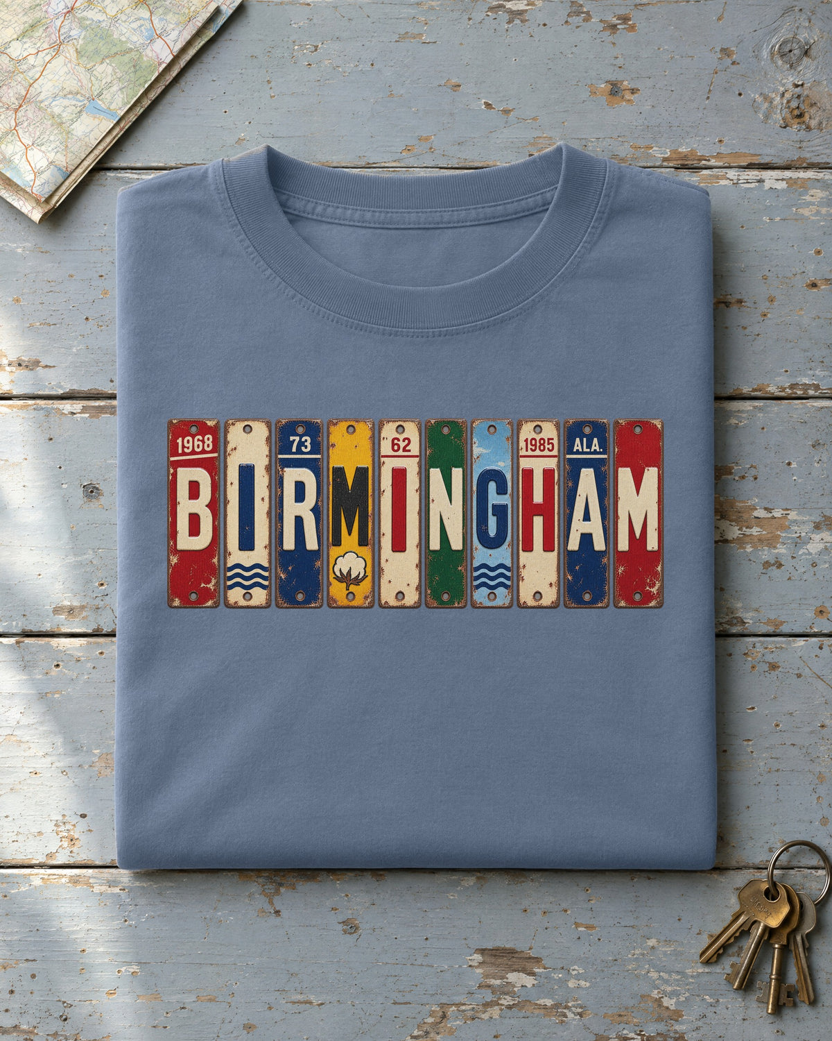 Birmingham, Alabama vintage license plate t-shirt in Blue Jean