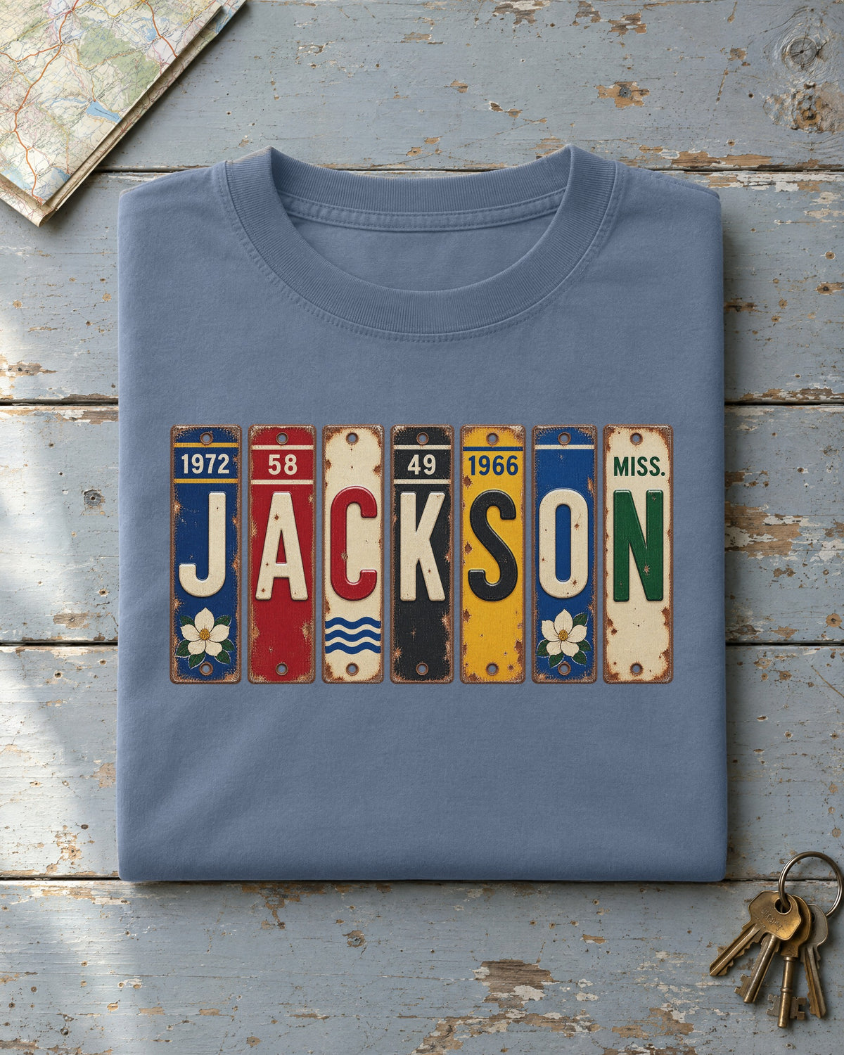 Jackson, Mississippi vintage license plate t-shirt in Blue Jean