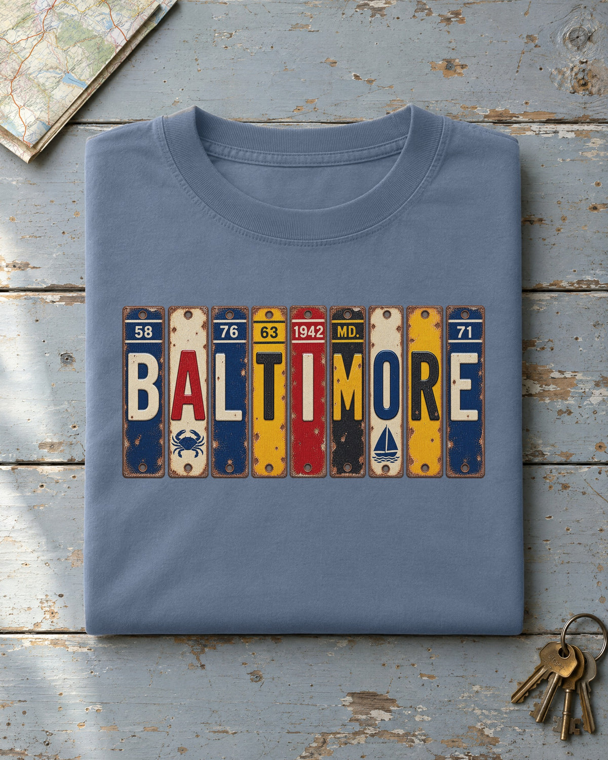 Baltimore, Maryland vintage license plate t-shirt in Blue Jean