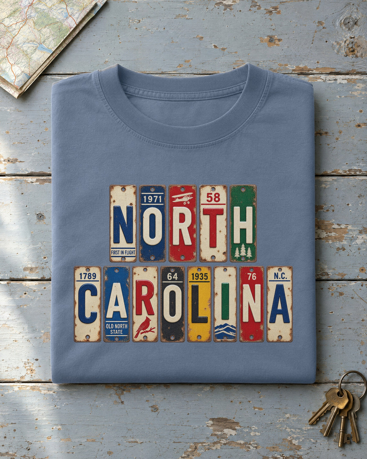 North Carolina vintage license plate t-shirt in Blue Jean