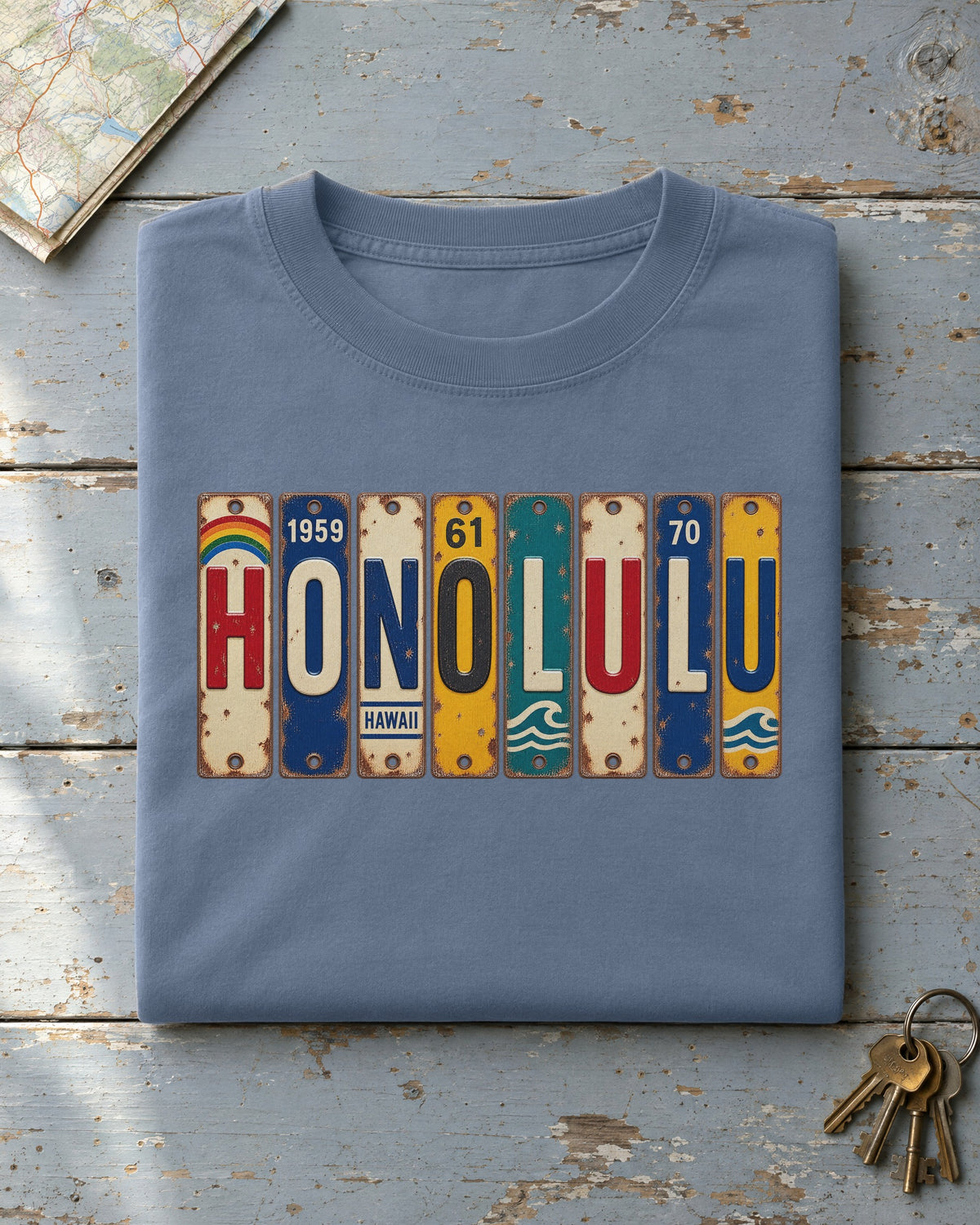 Honolulu, Hawaii vintage license plate t-shirt in Blue Jean