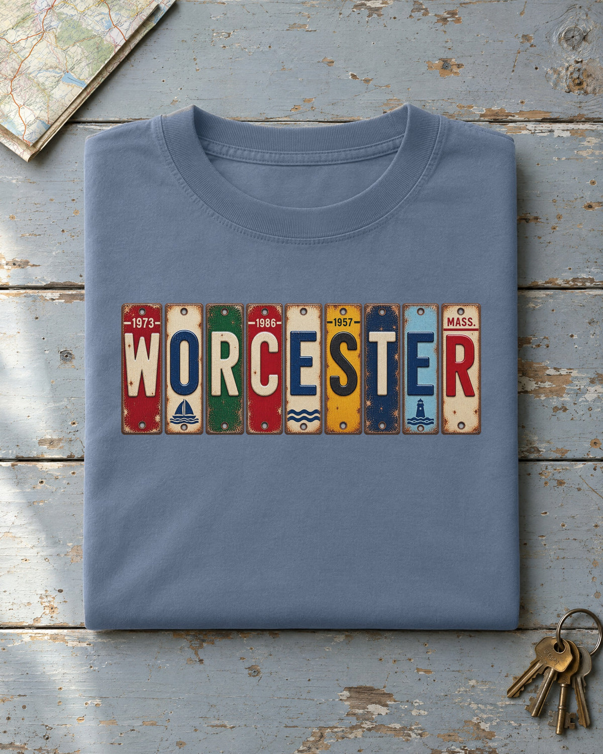 Worcester, Massachusetts vintage license plate t-shirt in Blue Jean