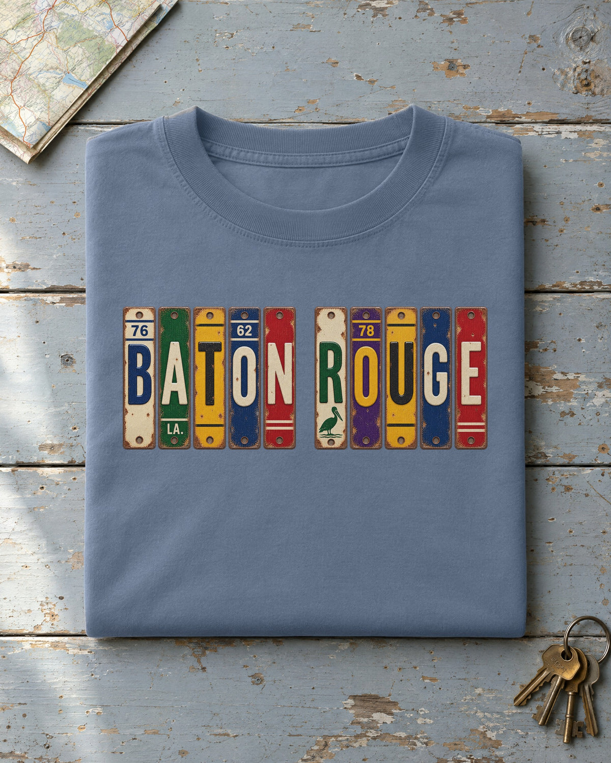 Baton Rouge, Louisiana vintage license plate t-shirt in Blue Jean