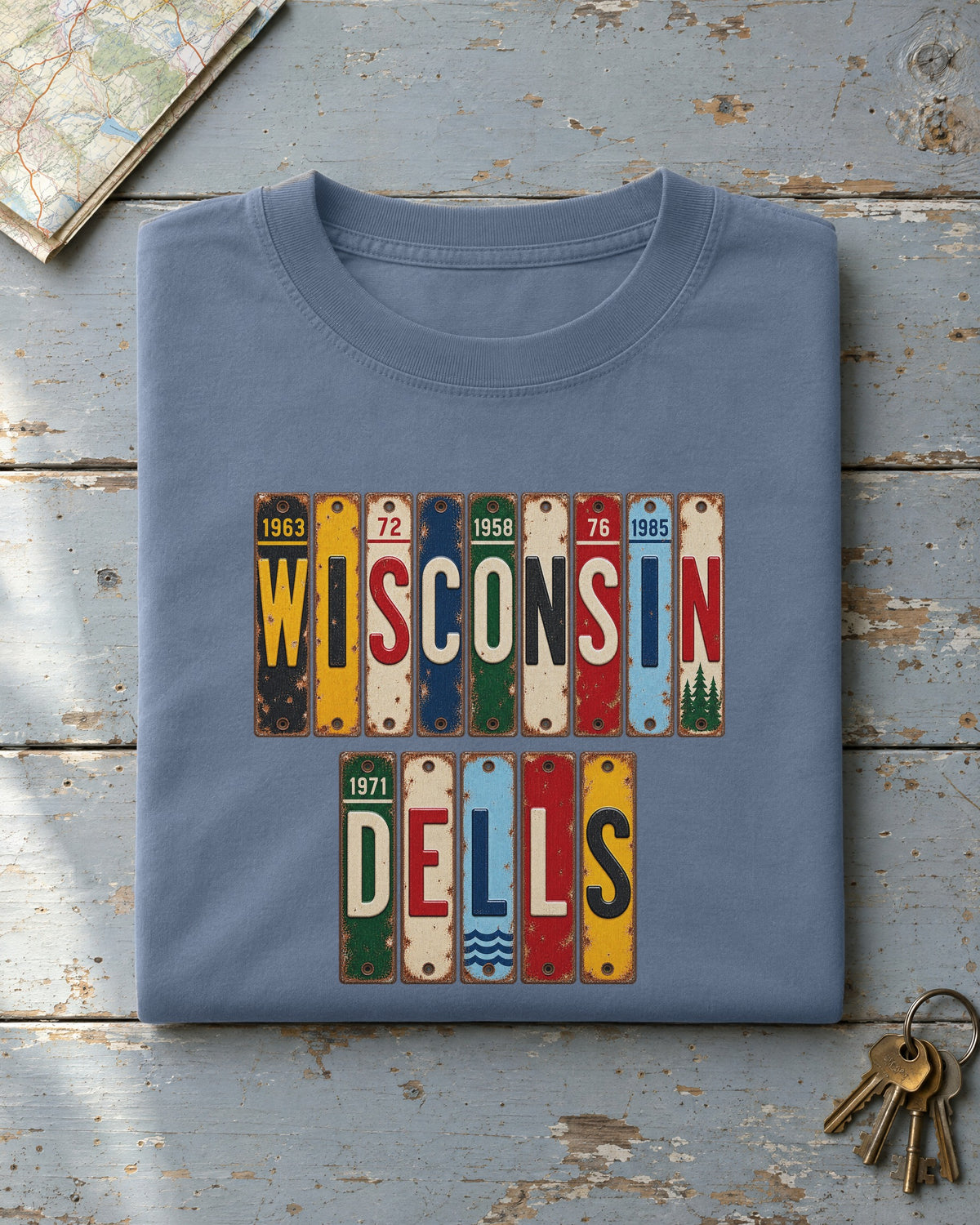 Wisconsin Dells, Wisconsin vintage license plate t-shirt in Blue Jean