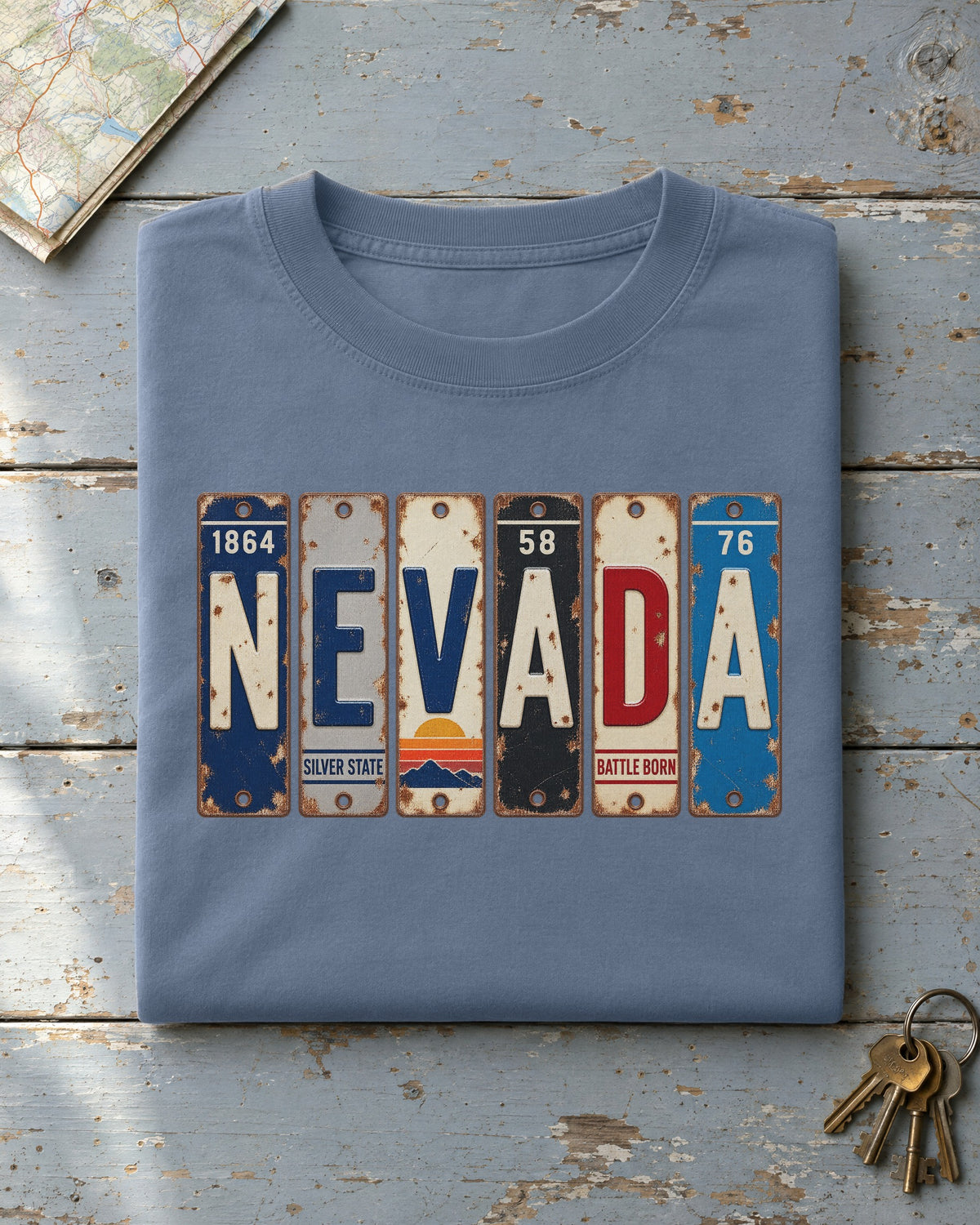 Nevada vintage license plate t-shirt in Blue Jean