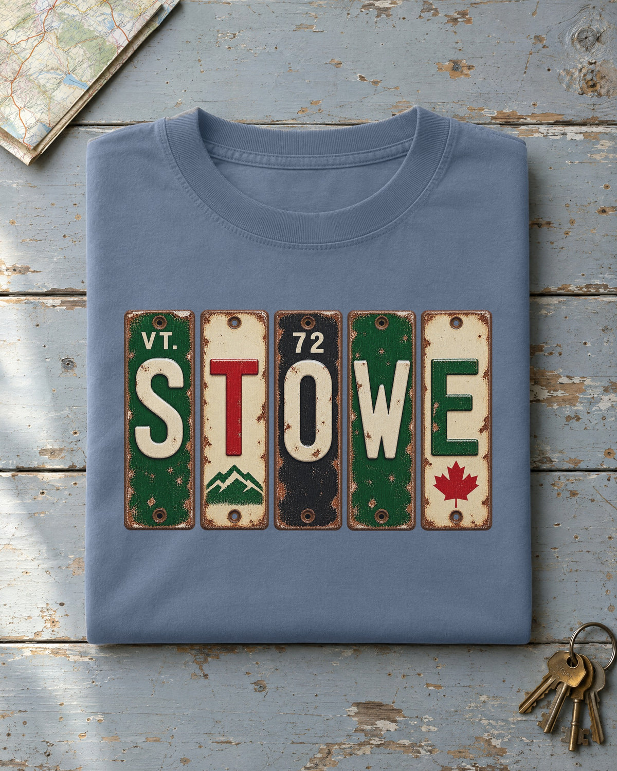 Stowe, Vermont vintage license plate t-shirt in Blue Jean