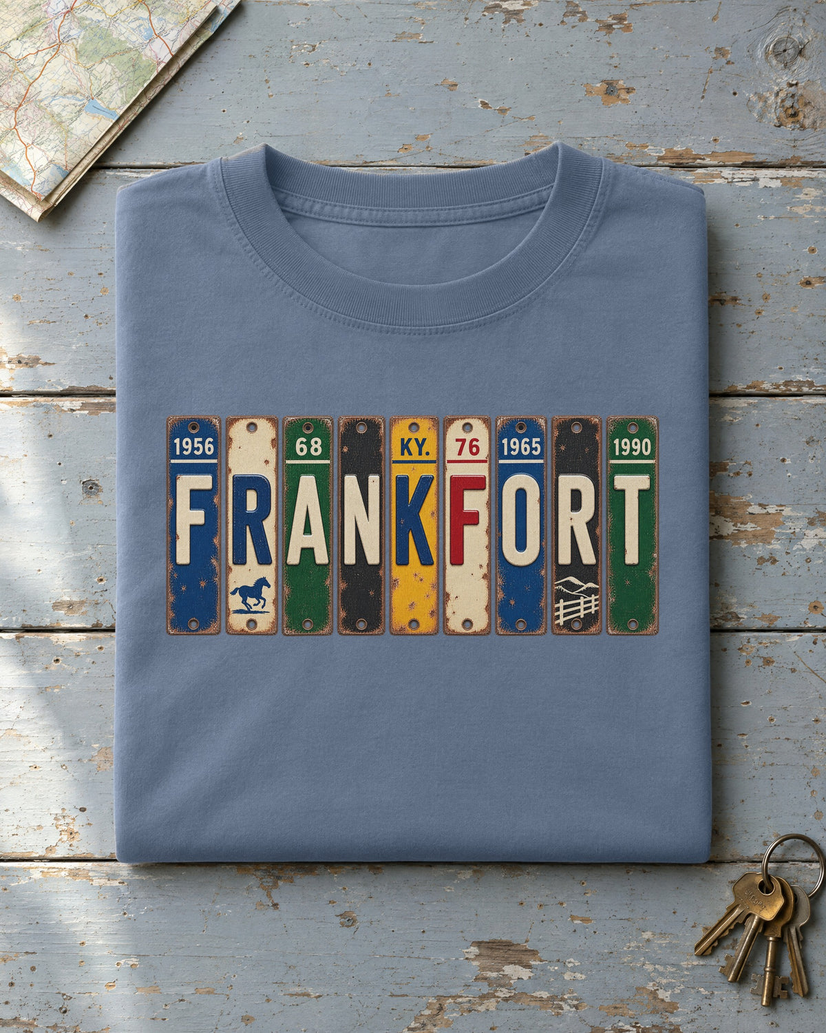 Frankfort, Kentucky vintage license plate t-shirt in Blue Jean