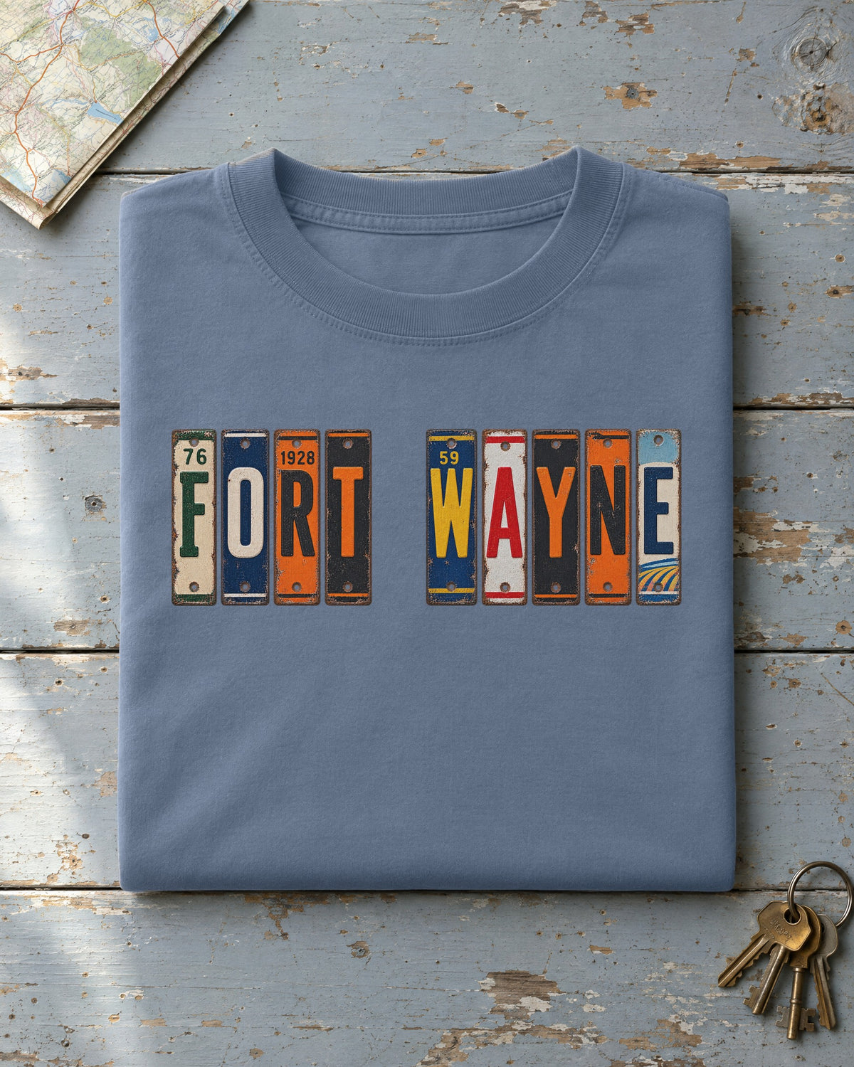Fort Wayne, Indiana vintage license plate t-shirt in Blue Jean