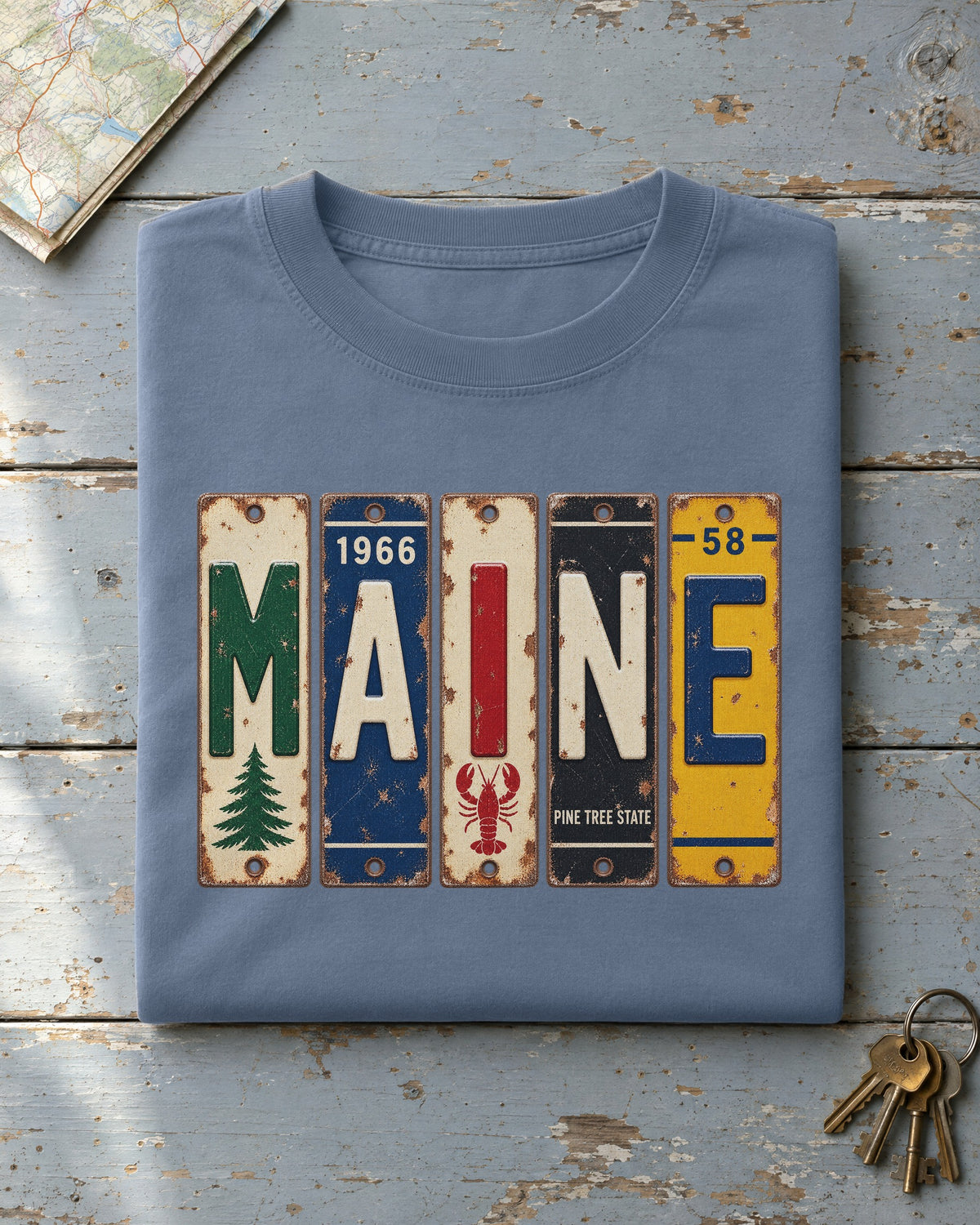 Maine vintage license plate t-shirt in Blue Jean