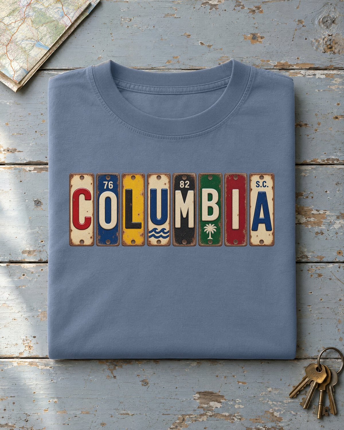 Columbia, South Carolina vintage license plate t-shirt in Blue Jean