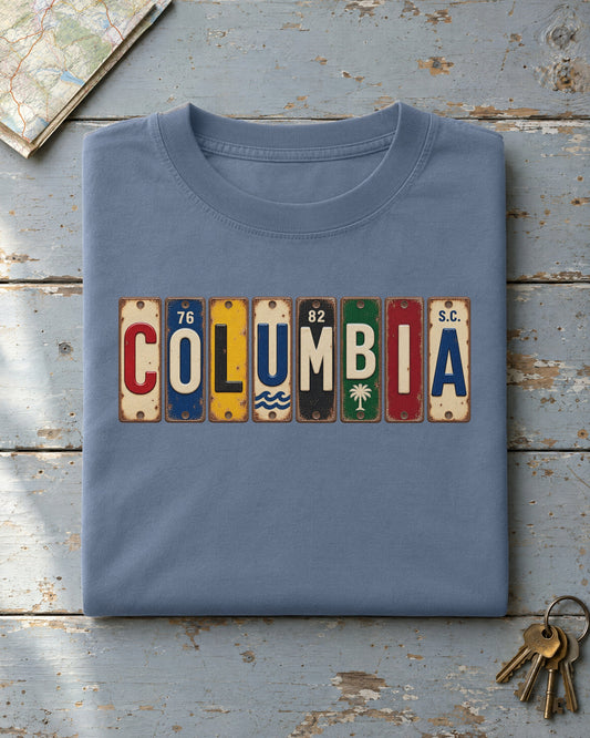 Columbia, South Carolina vintage license plate t-shirt in Blue Jean