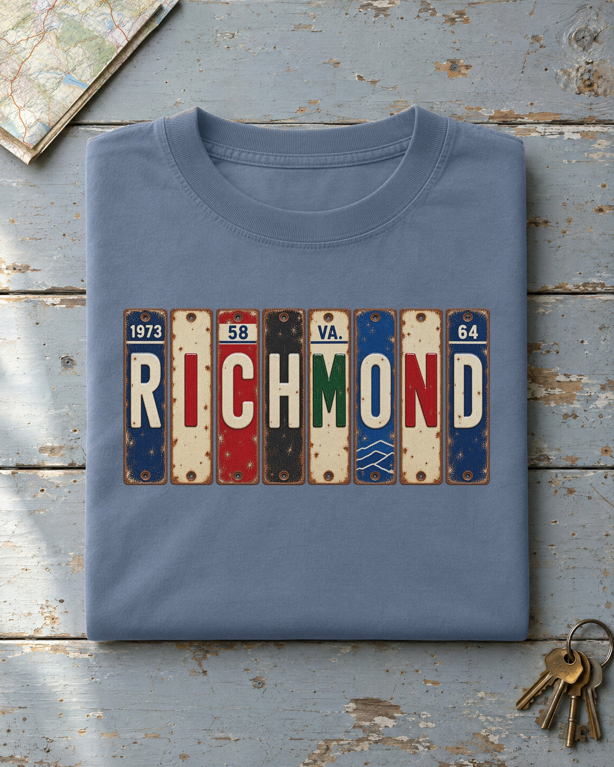 Richmond, Virginia vintage license plate t-shirt in Blue Jean