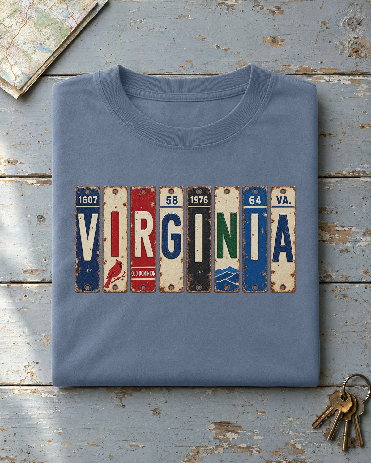 Virginia vintage license plate t-shirt in Blue Jean
