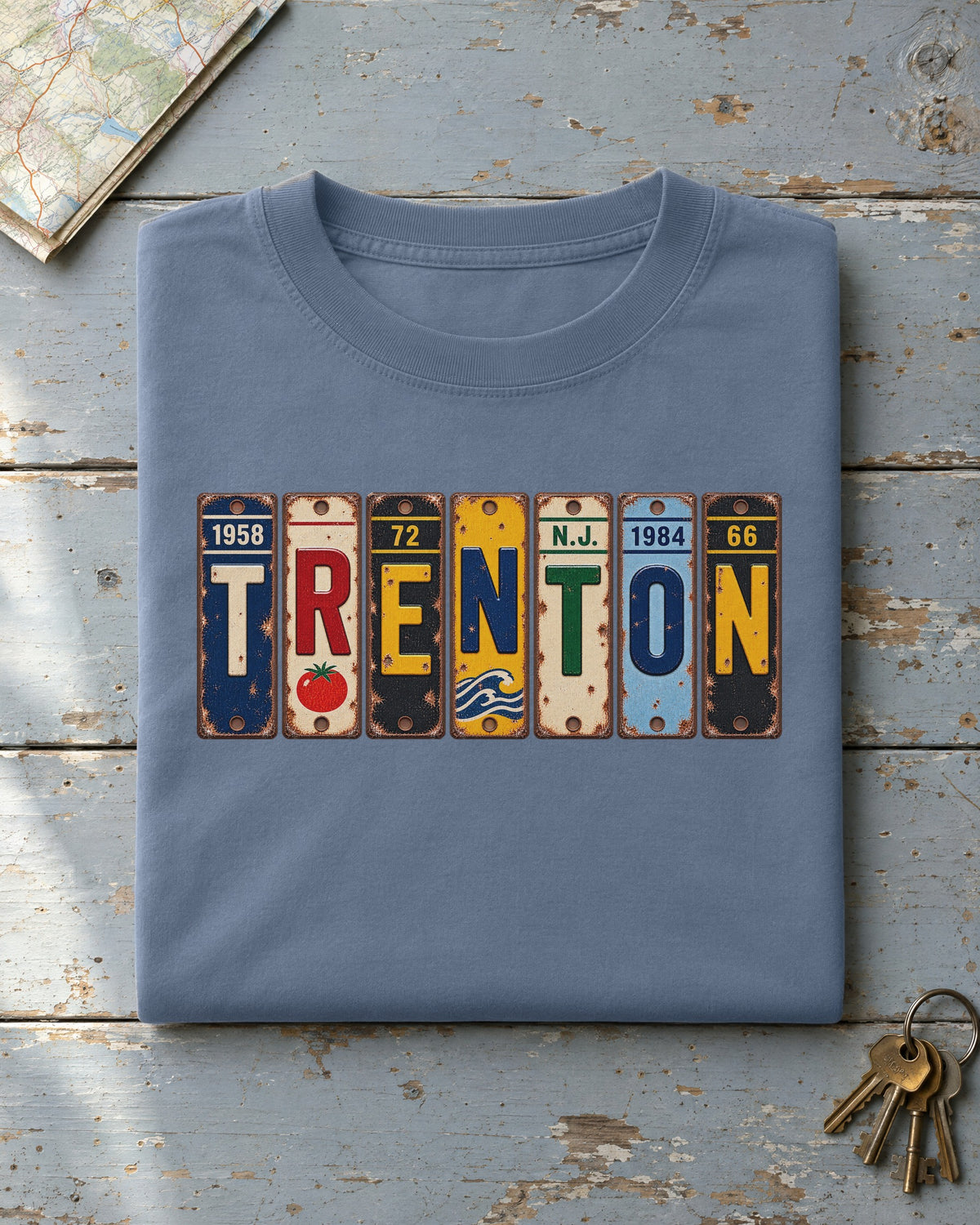Trenton, New Jersey vintage license plate t-shirt in Blue Jean