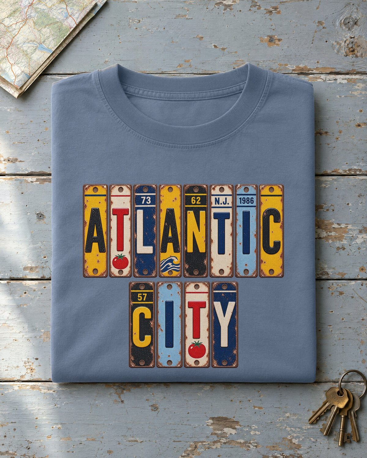 Atlantic City, New Jersey vintage license plate t-shirt in Blue Jean