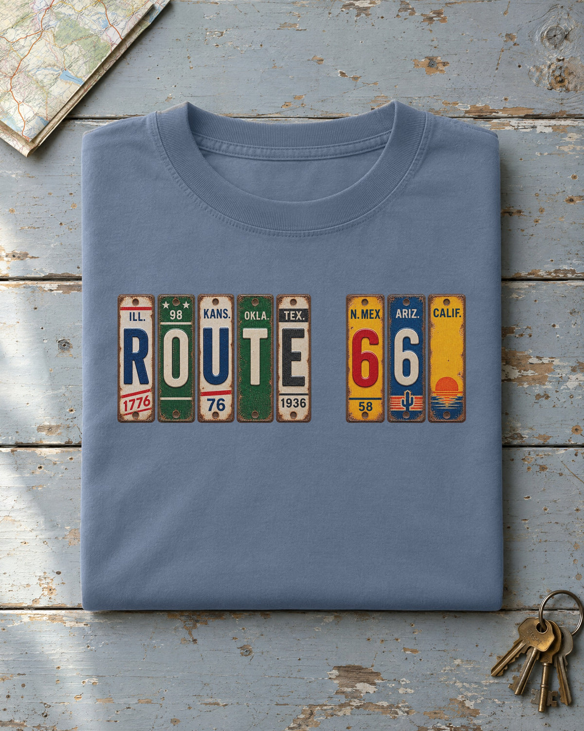 Route 66 vintage license plate t-shirt in Blue Jean
