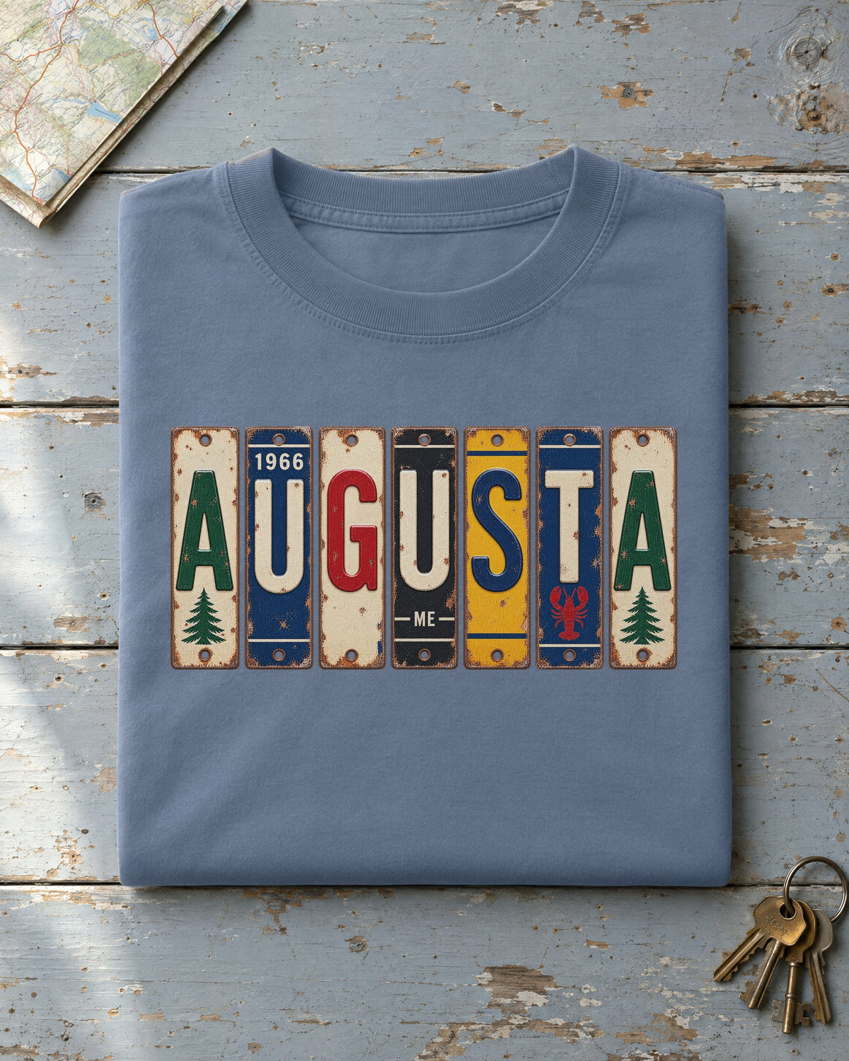 Augusta, Maine vintage license plate t-shirt in Blue Jean
