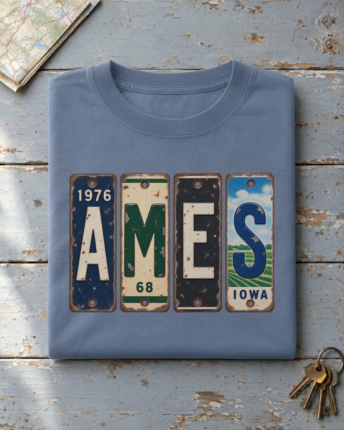 Ames, Iowa vintage license plate t-shirt in Blue Jean