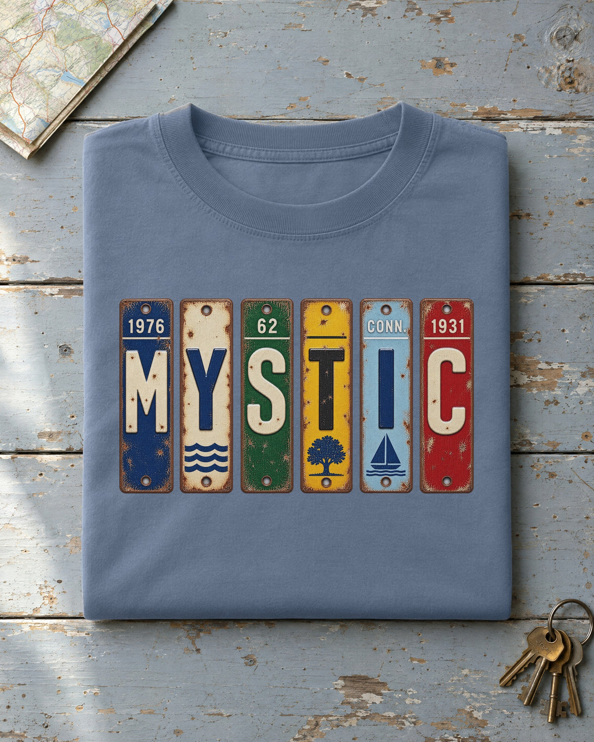 Mystic, Connecticut vintage license plate t-shirt in Blue Jean