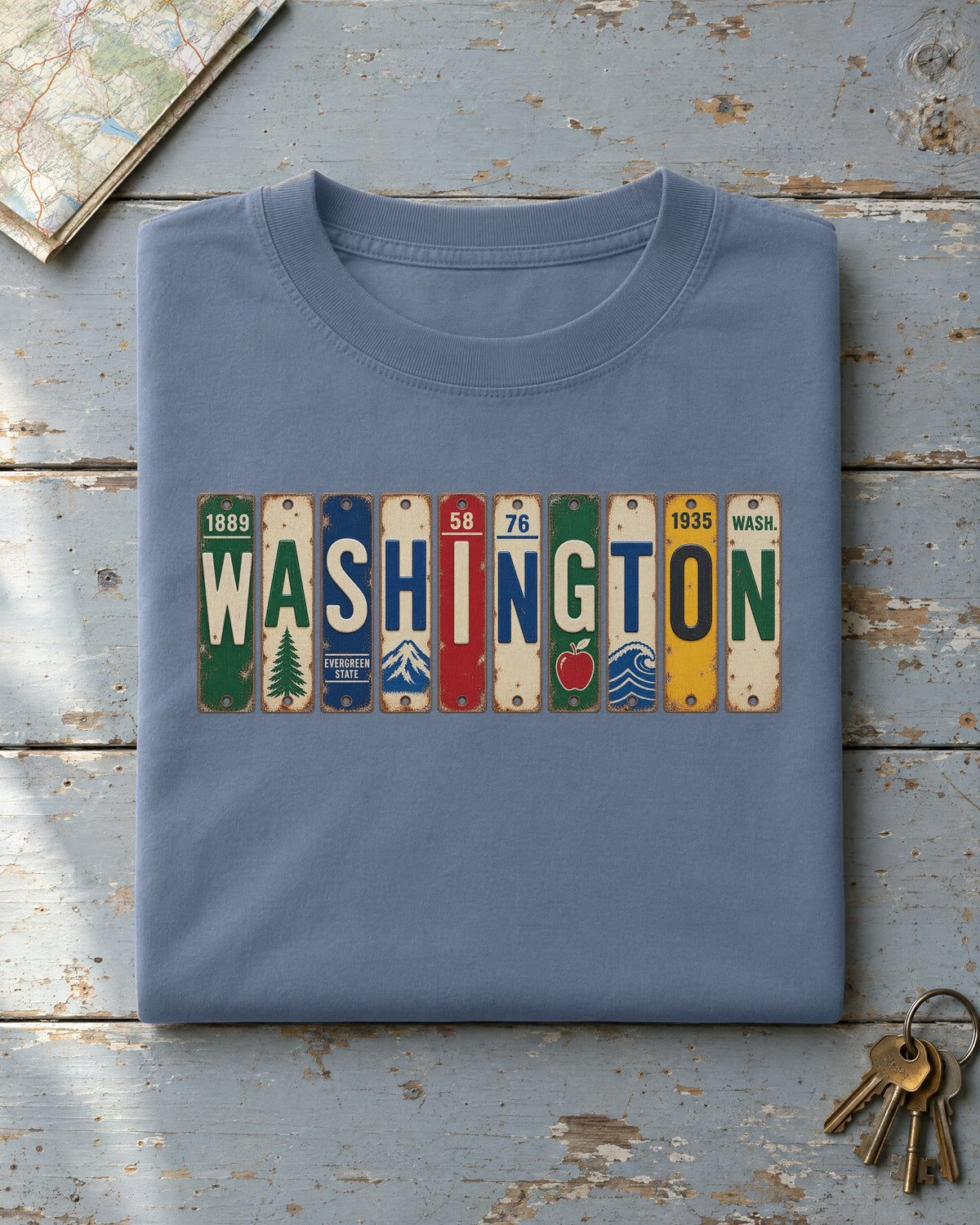 Washington vintage license plate t-shirt in Blue Jean