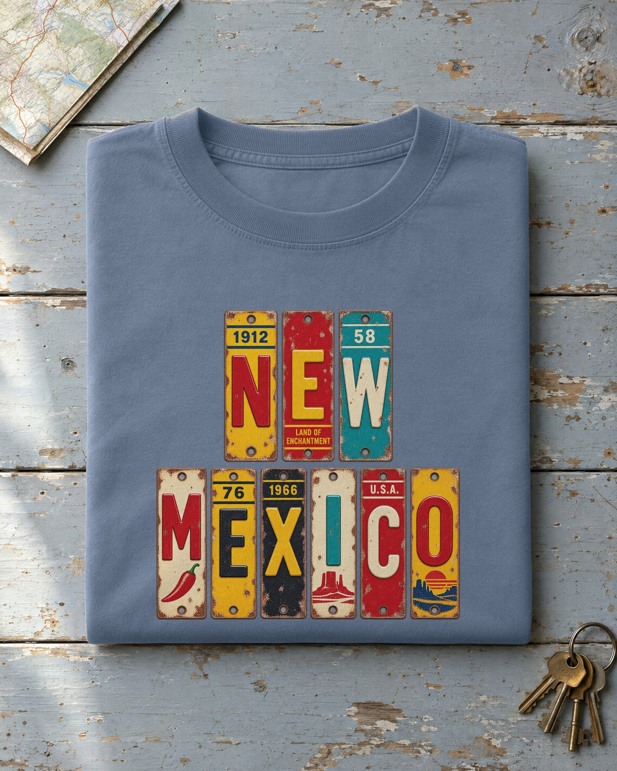 New Mexico vintage license plate t-shirt in Blue Jean