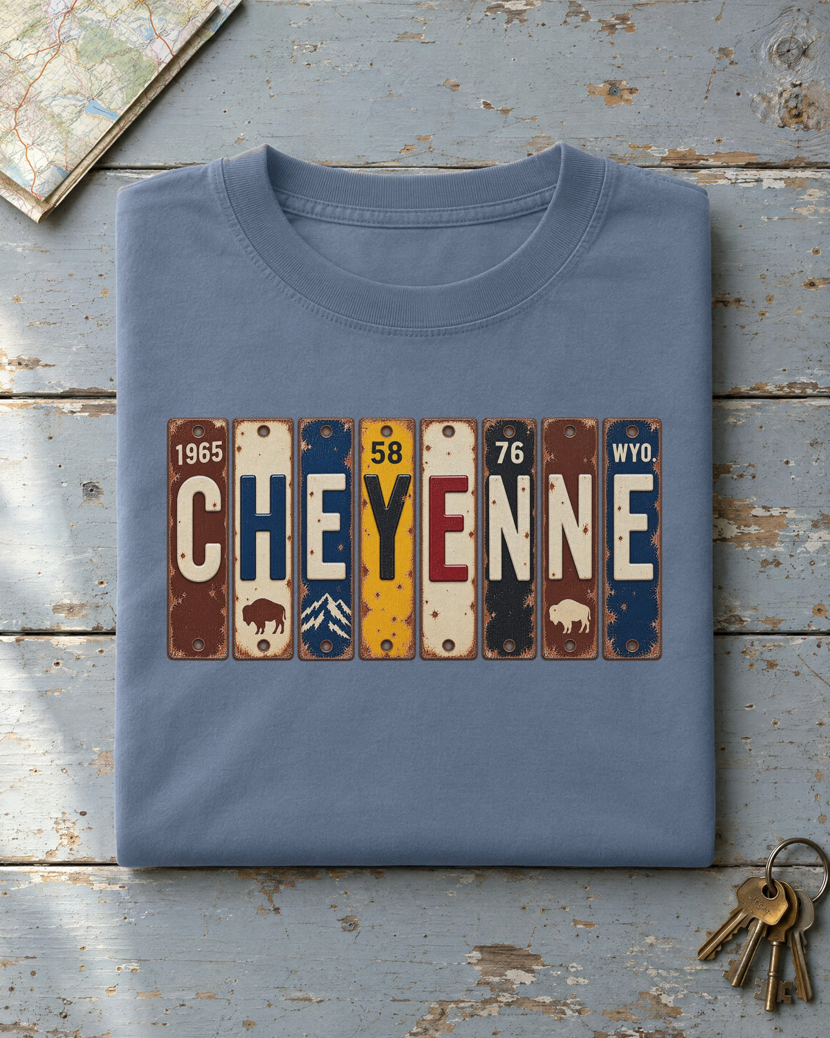 Cheyenne, Wyoming vintage license plate t-shirt in Blue Jean