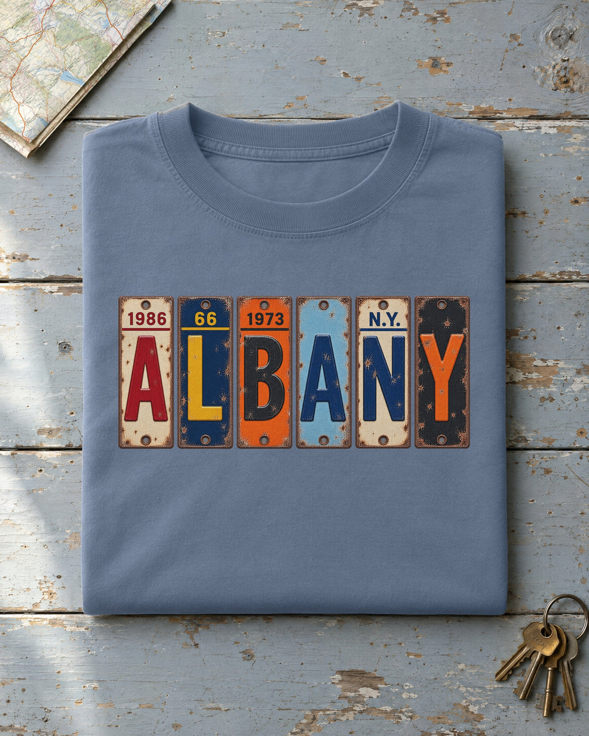 Albany, New York vintage license plate t-shirt in Blue Jean