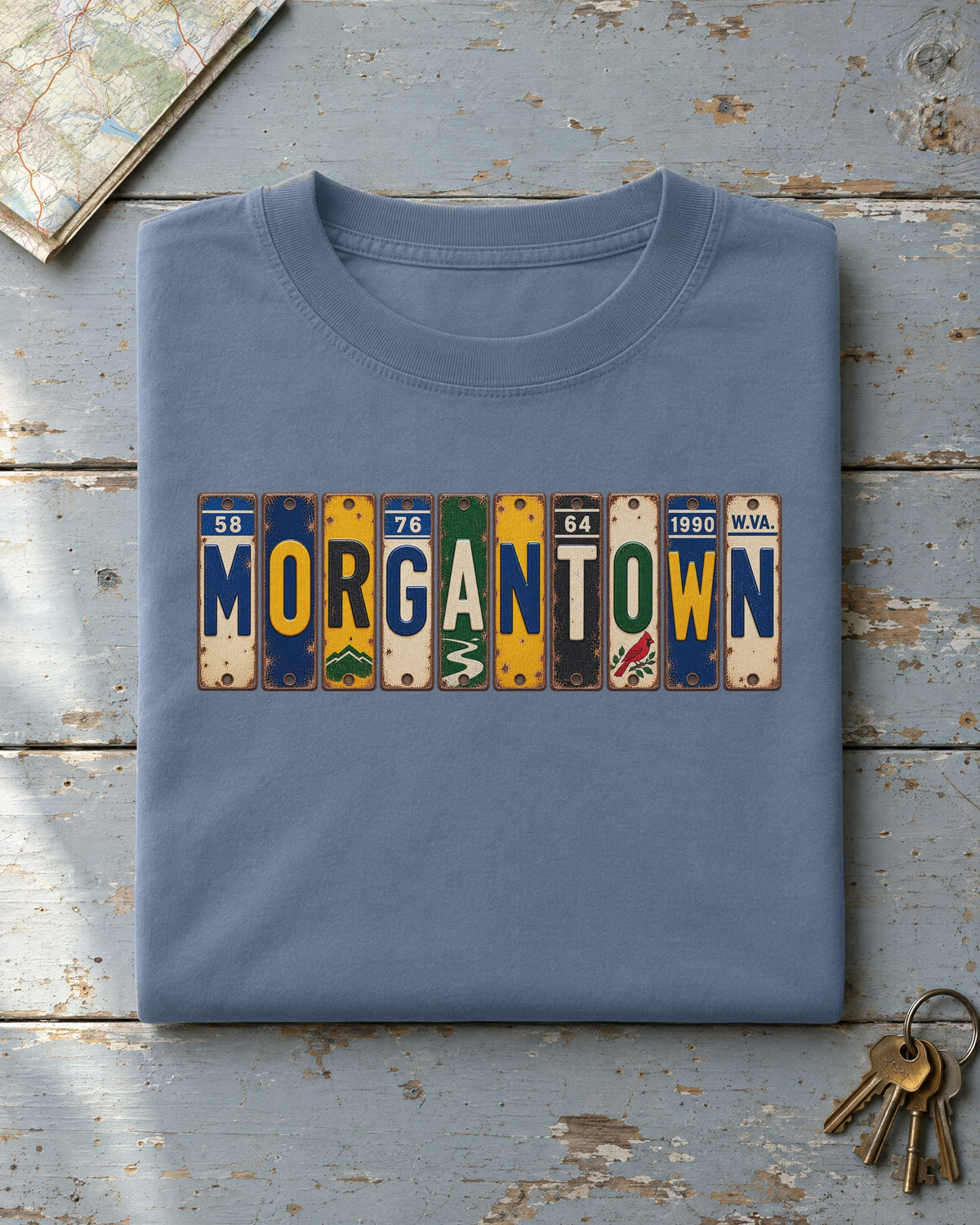 Morgantown, West Virginia vintage license plate t-shirt in Blue Jean