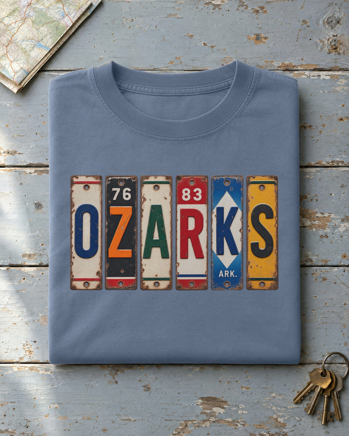 Ozarks, Arkansas vintage license plate t-shirt in Blue Jean