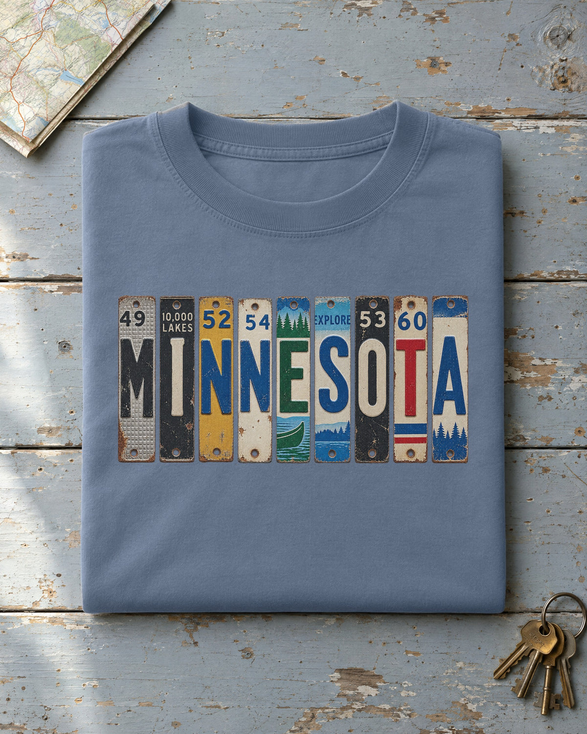 Minnesota vintage license plate t-shirt in Blue Jean