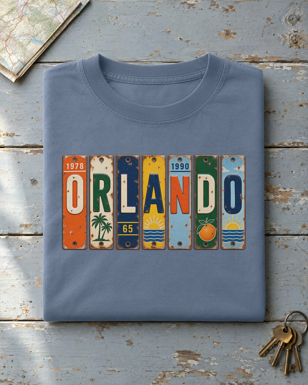 Orlando, Florida vintage license plate t-shirt in Blue Jean