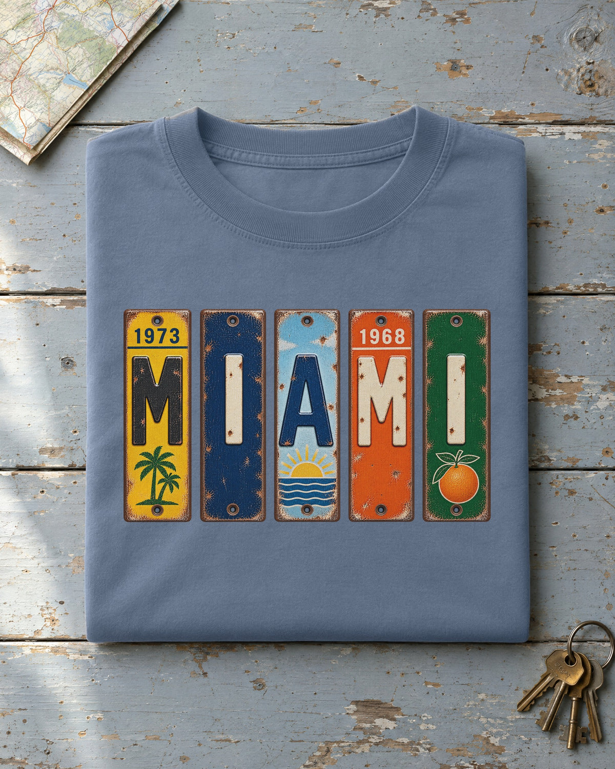 Miami, Florida vintage license plate t-shirt in Blue Jean