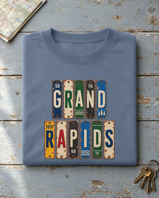 Grand Rapids, Michigan vintage license plate t-shirt in Blue Jean