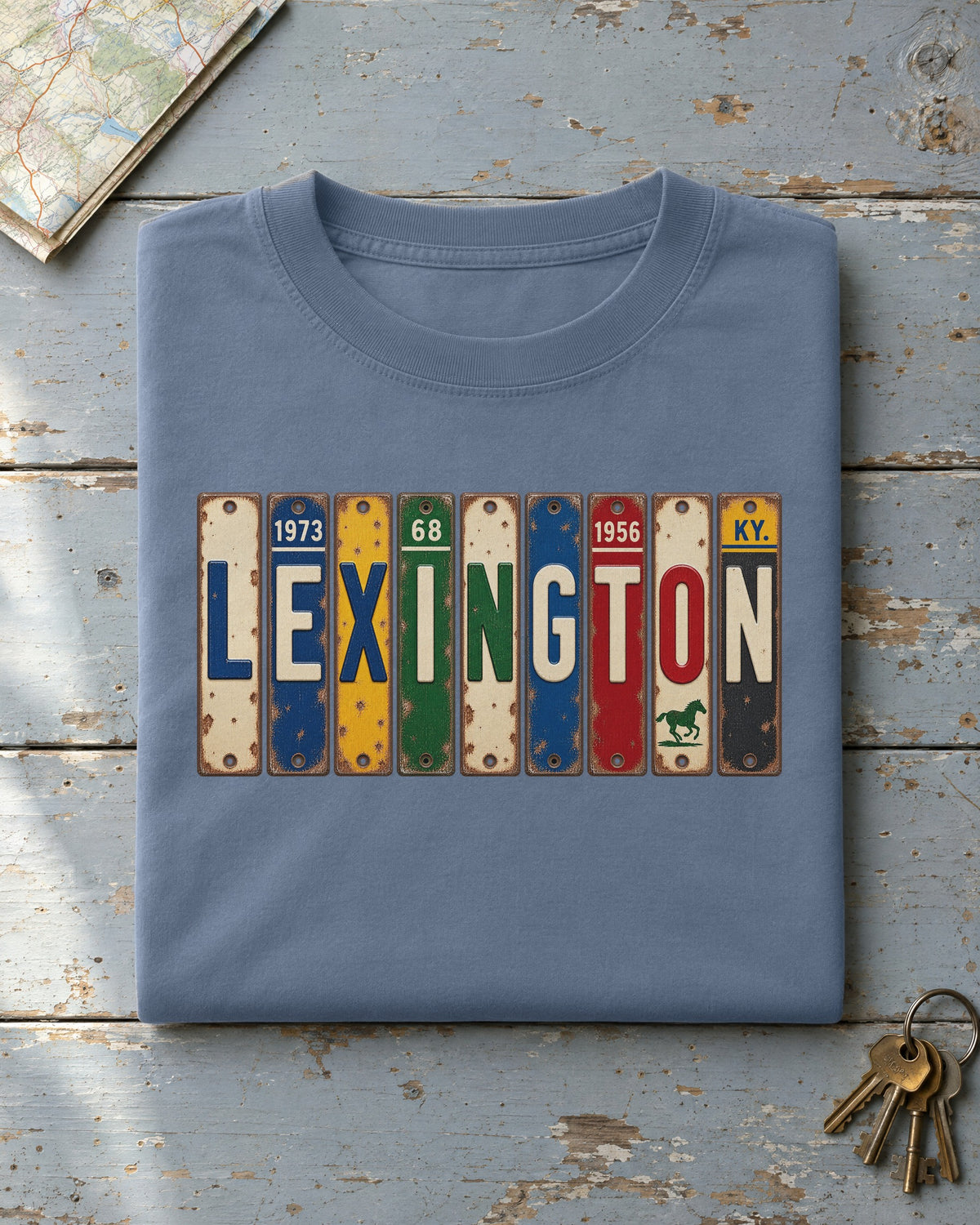 Lexington, Kentucky vintage license plate t-shirt in Blue Jean