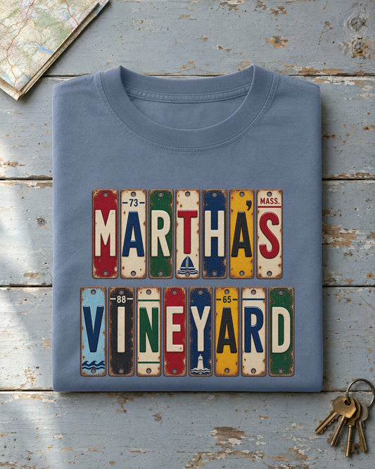 Martha's Vineyard, Massachusetts vintage license plate t-shirt in Blue Jean