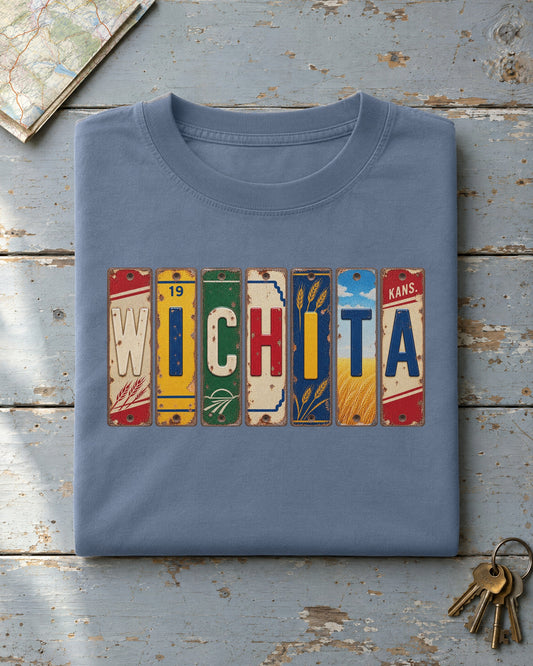 Wichita, Kansas vintage license plate t-shirt in Blue Jean