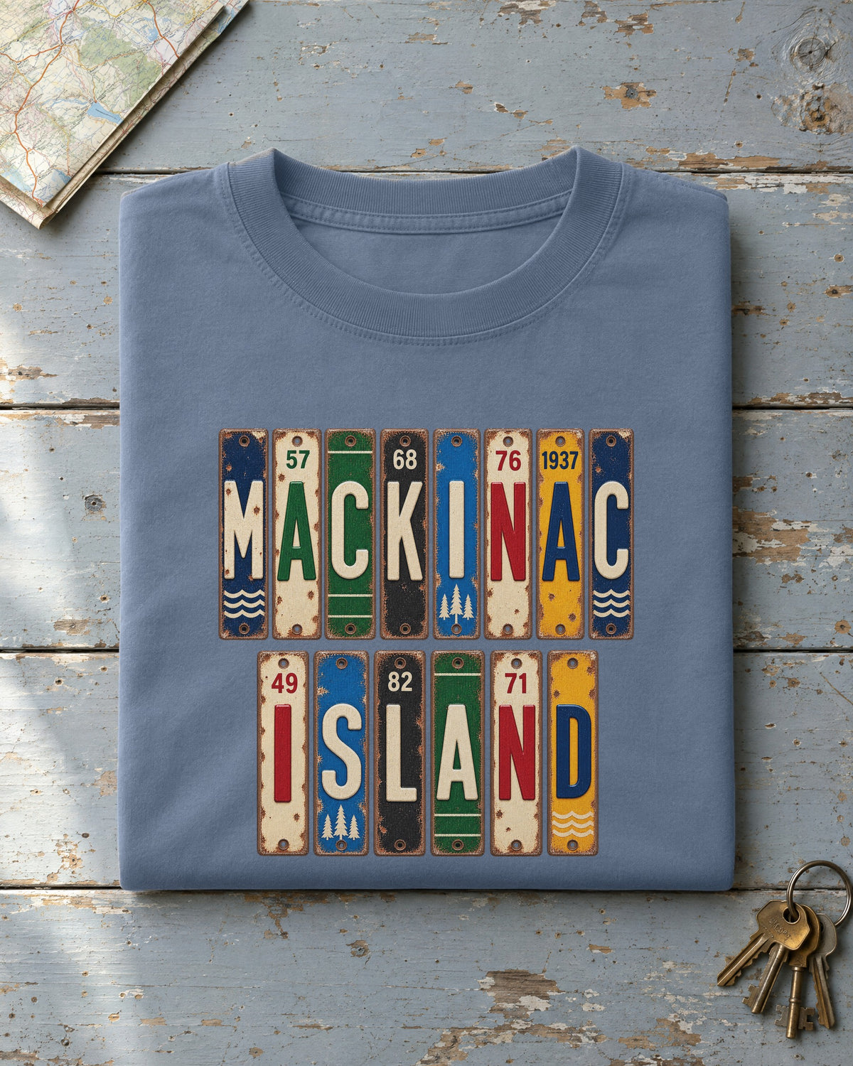 Mackinac Island, Michigan vintage license plate t-shirt in Blue Jean