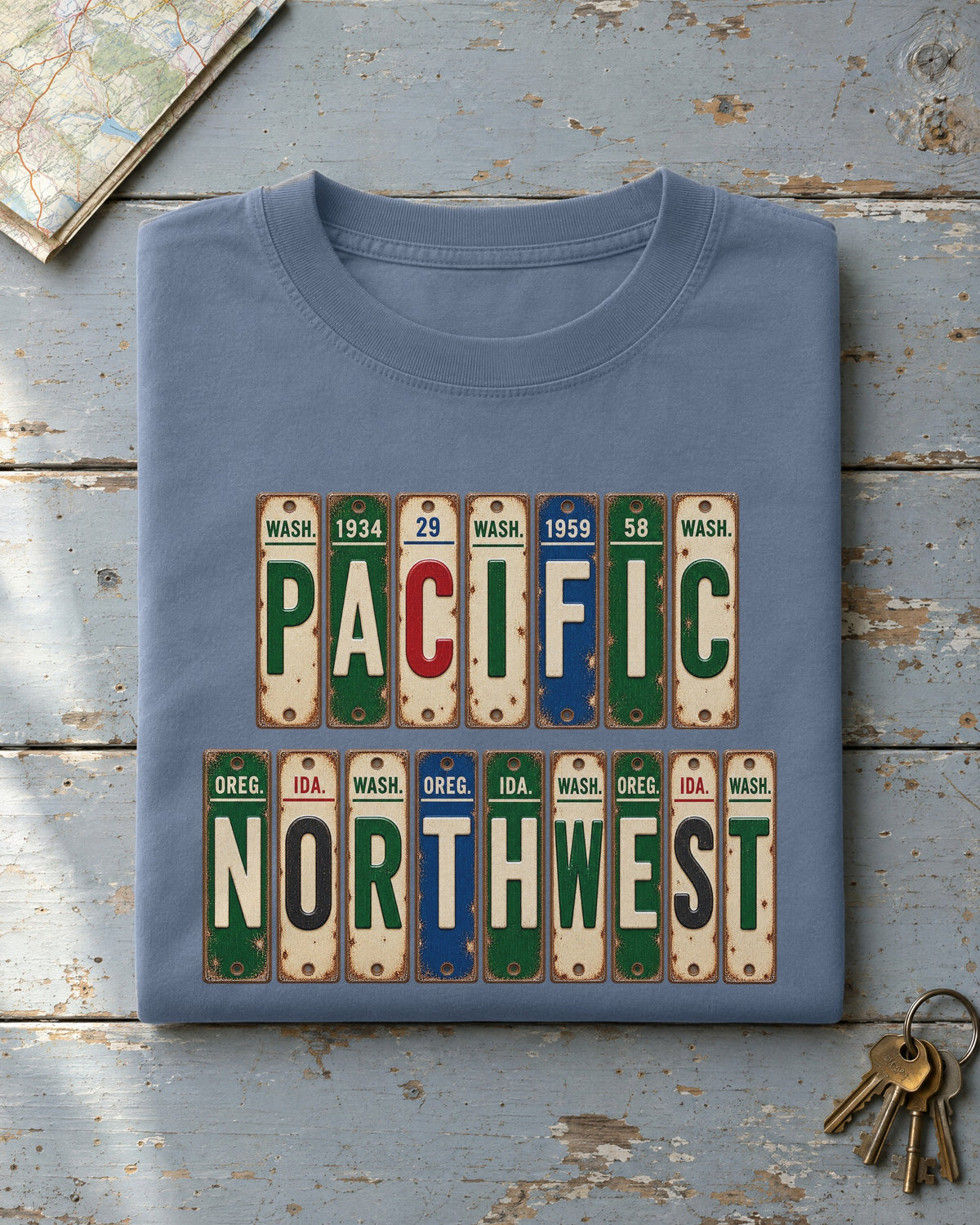 Pacific Northwest vintage license plate t-shirt in Blue Jean