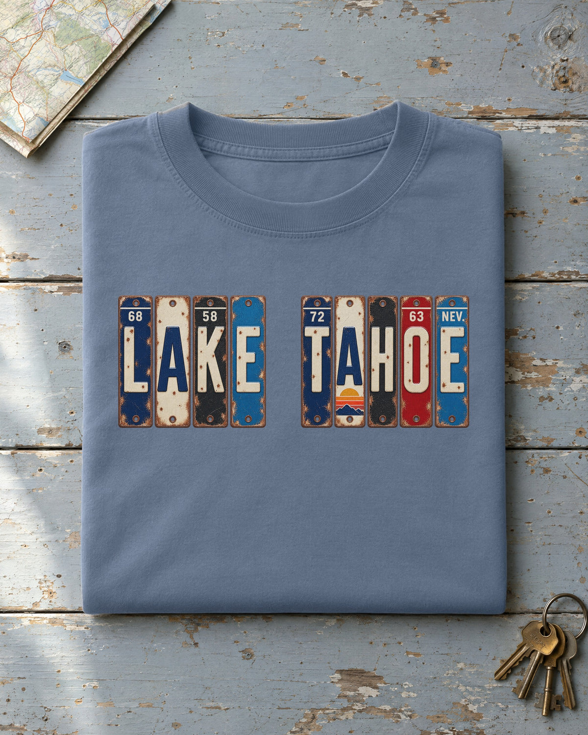 Lake Tahoe, Nevada vintage license plate t-shirt in Blue Jean