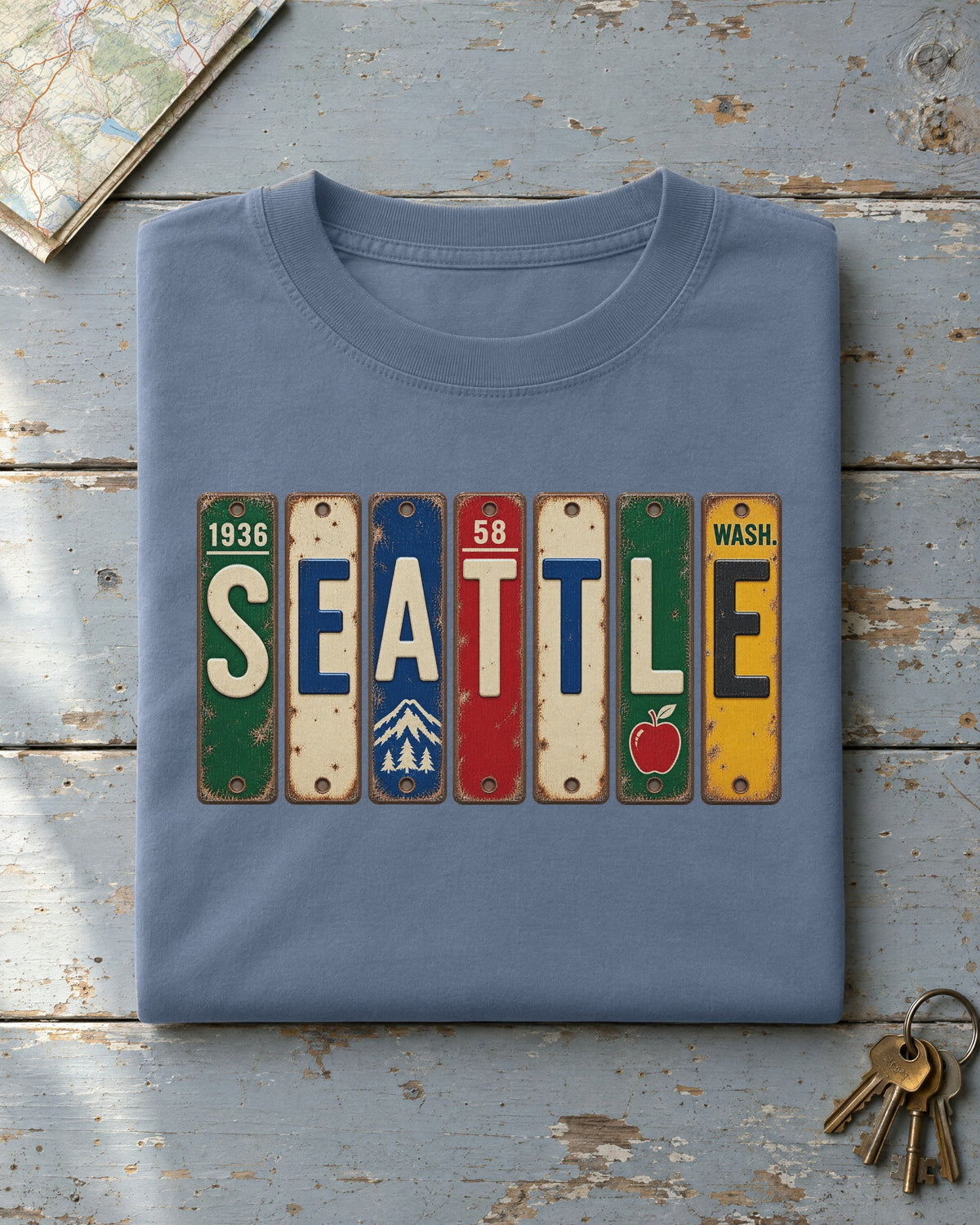 Seattle, Washington vintage license plate t-shirt in Blue Jean