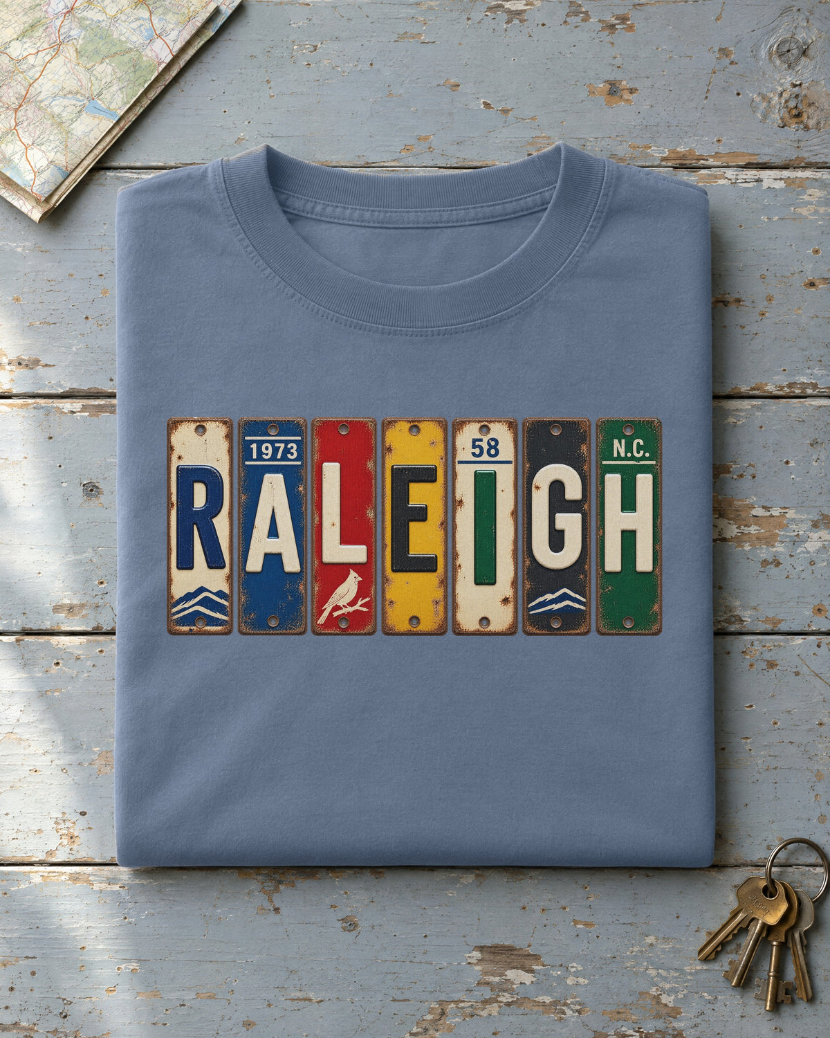 Raleigh, North Carolina vintage license plate t-shirt in Blue Jean