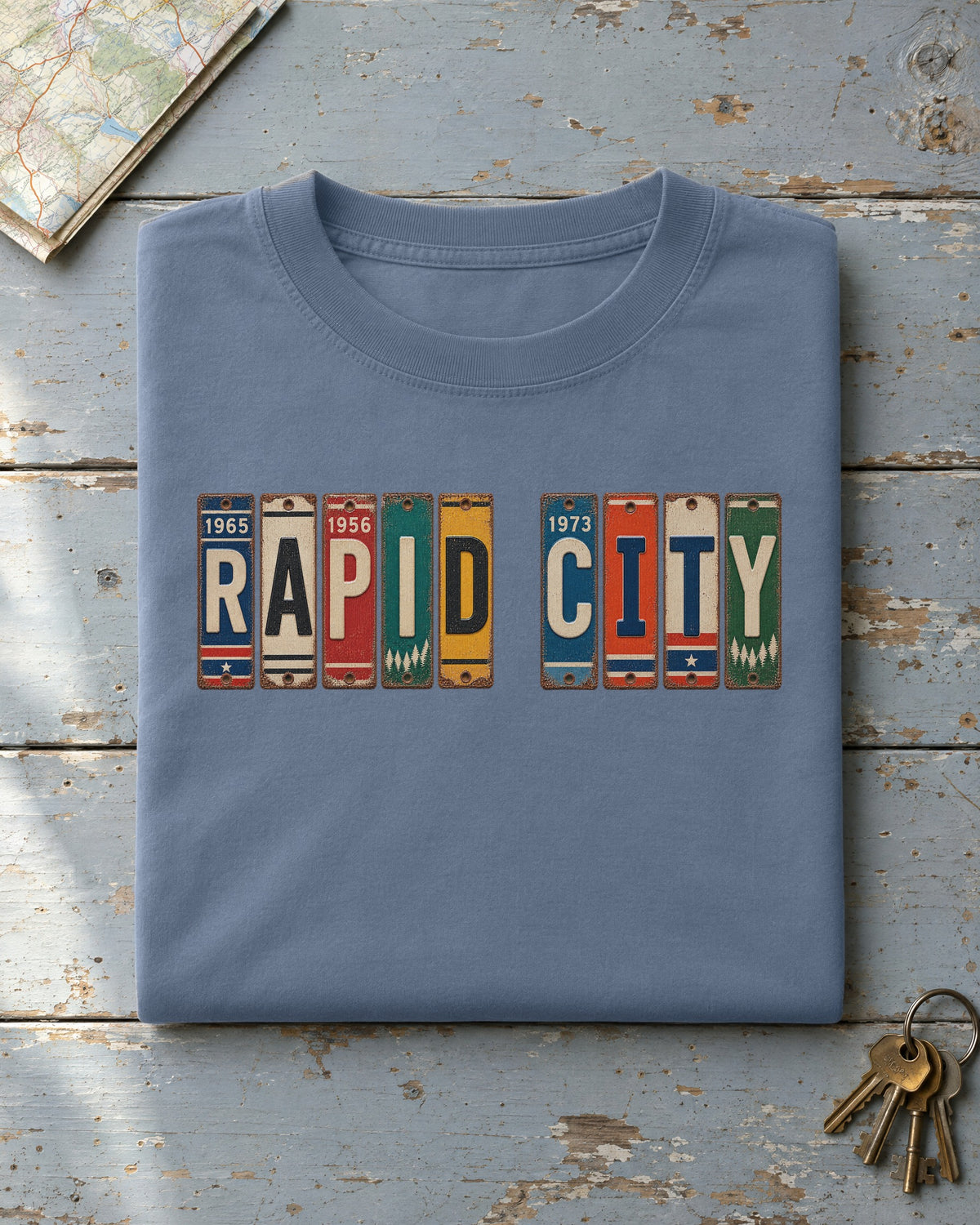 Rapid City, South Dakota vintage license plate t-shirt in Blue Jean