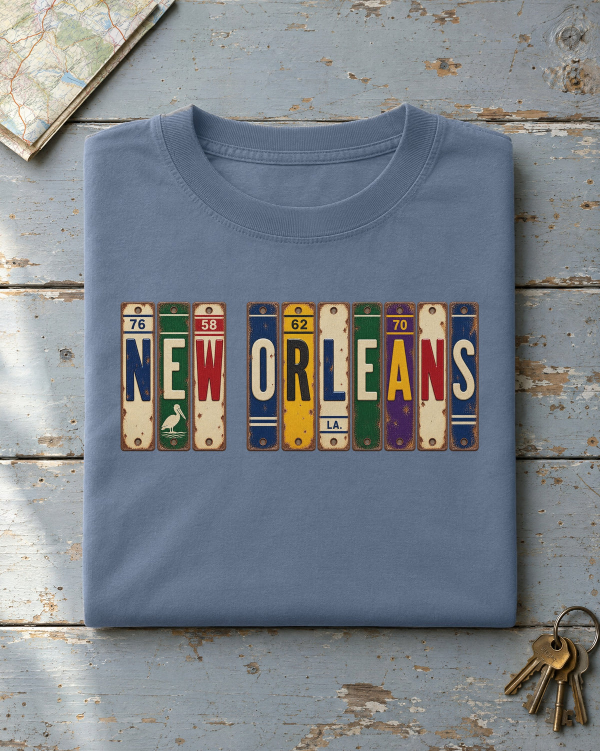 New Orleans, Louisiana vintage license plate t-shirt in Blue Jean
