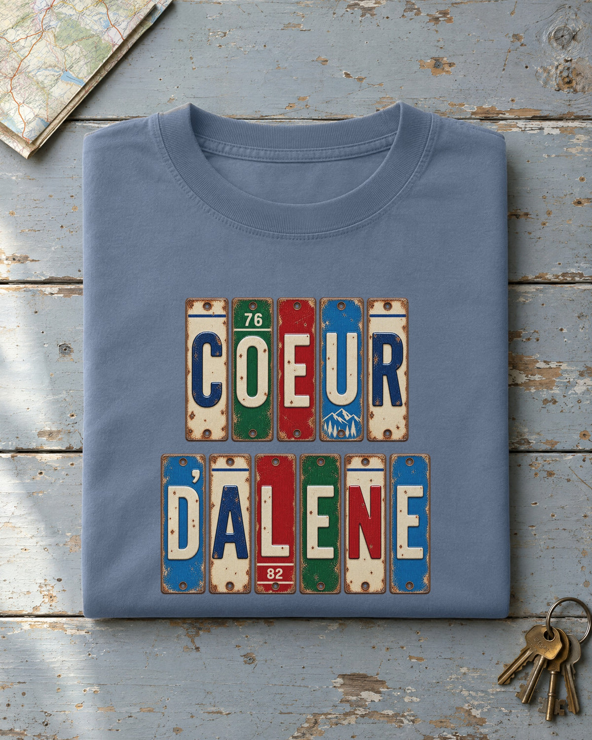 Coeur d'Alene, Idaho vintage license plate t-shirt in Blue Jean