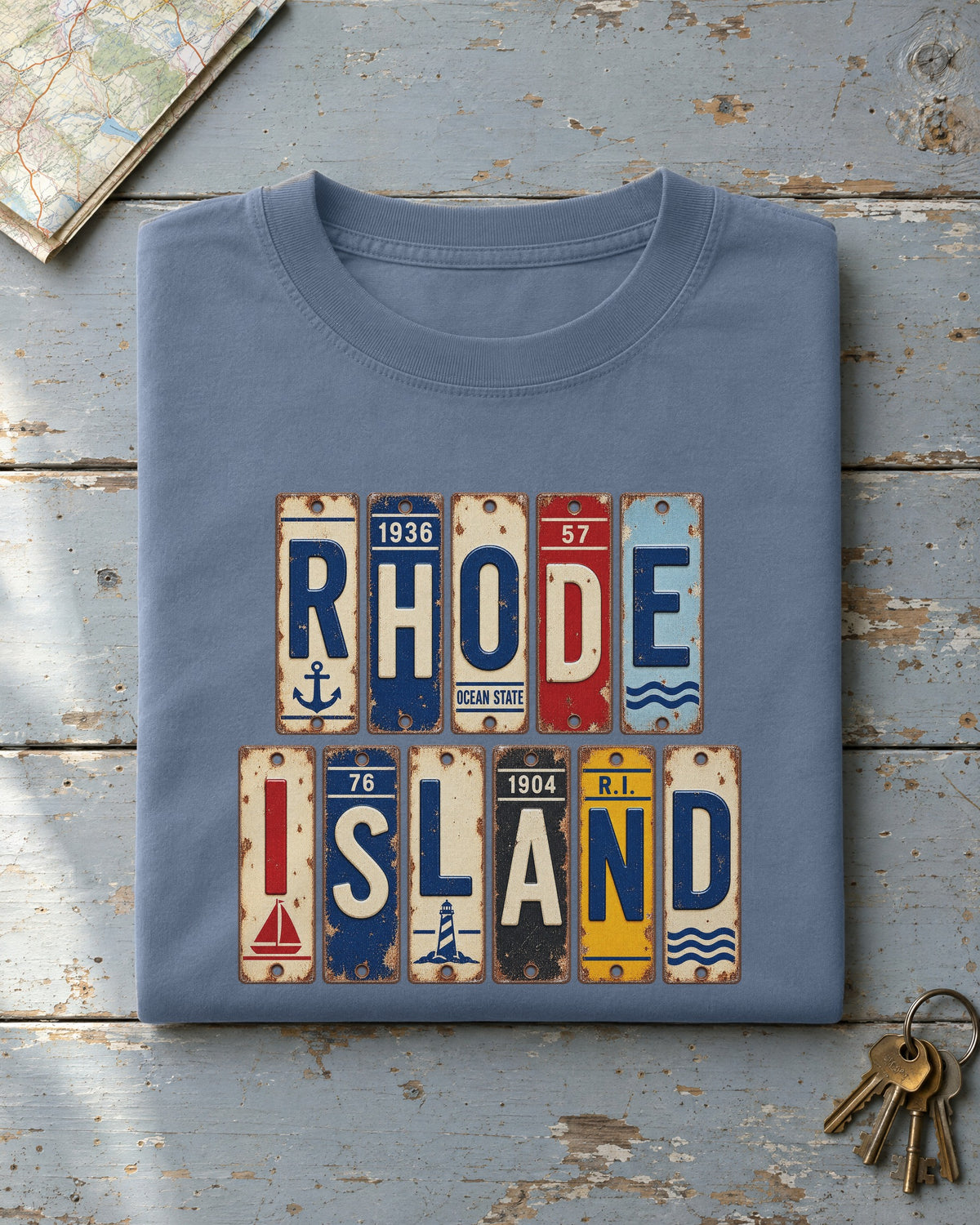 Rhode Island vintage license plate t-shirt in Blue Jean