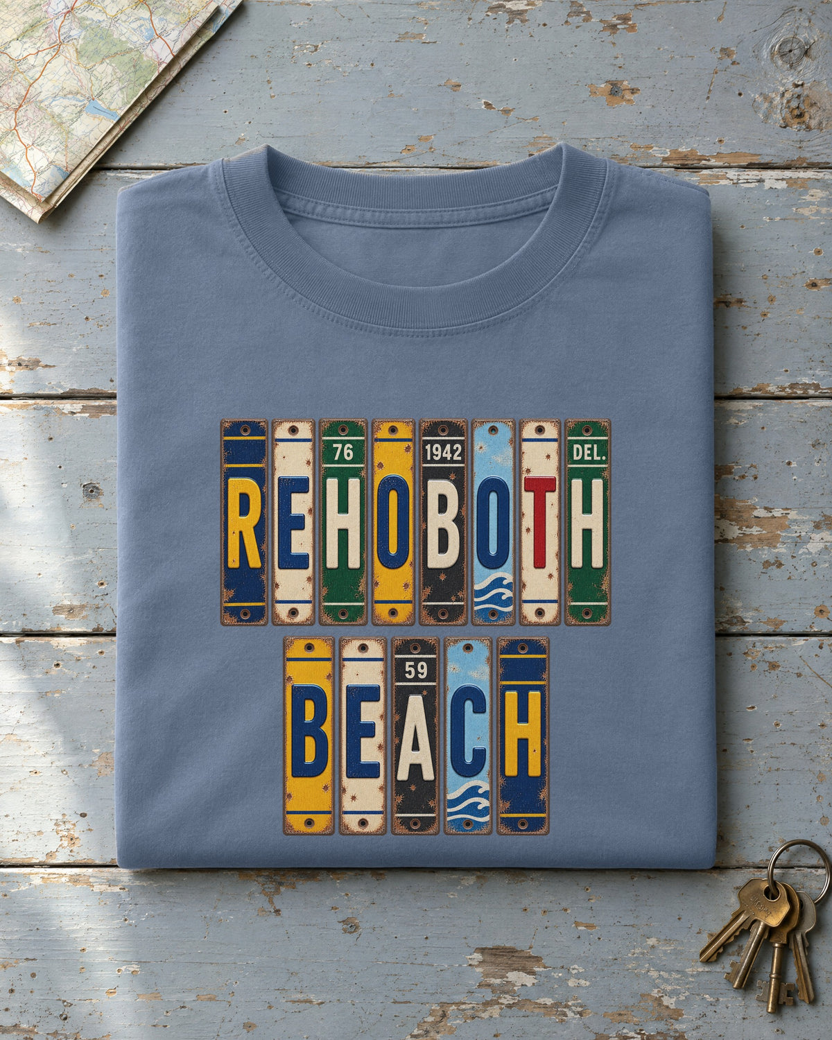 Rehoboth Beach, Delaware vintage license plate t-shirt in Blue Jean